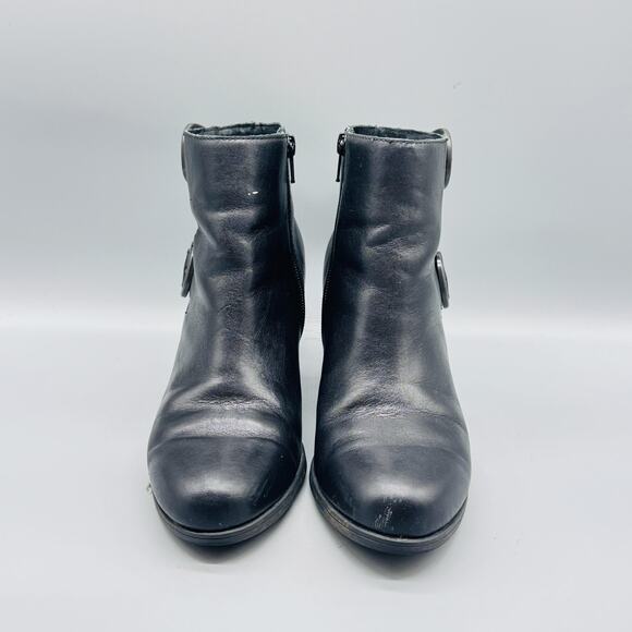 Born Boots Women 7.5 Black Leather Ankle Bootie Buckle Strap Side Zip Block Heel - Picture 3 of 12